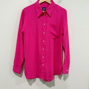 GAP 100% Linen Button Down Shirt Fuchsia Pink Coastal Colorful Size Medium